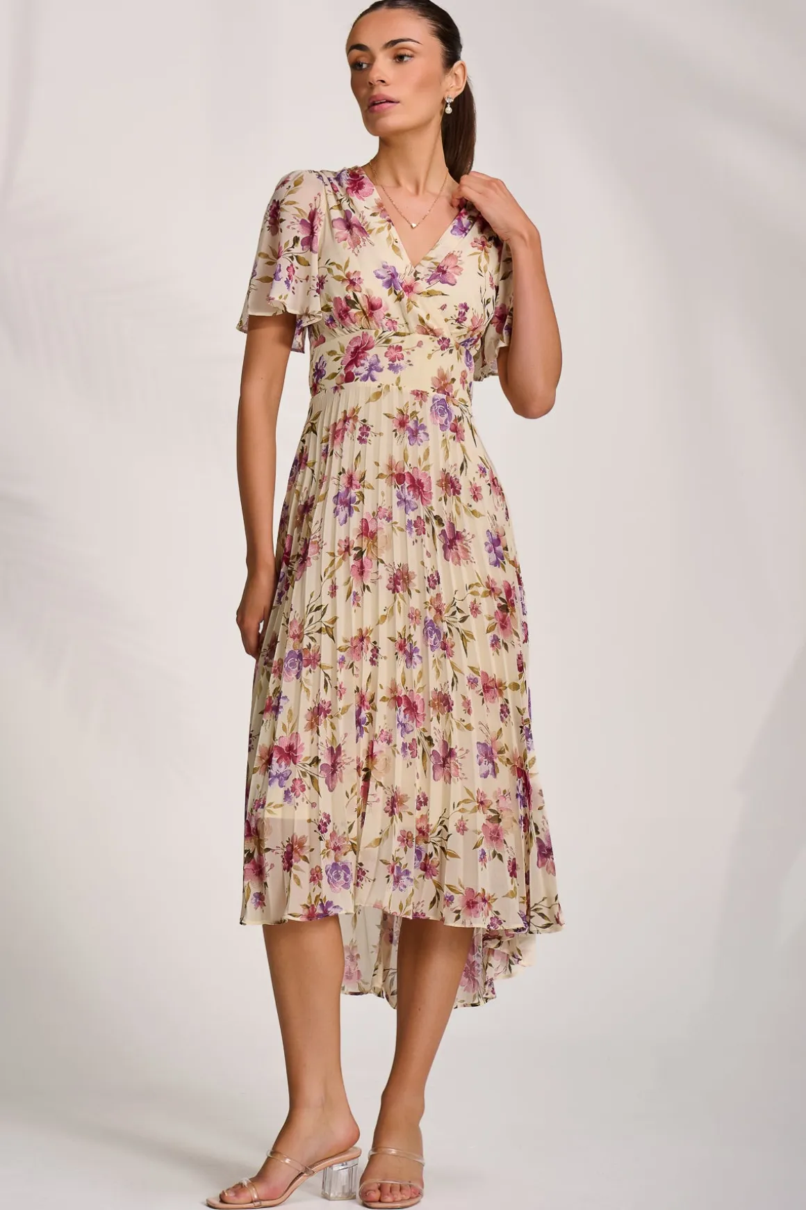 Printed Chiffon Pleated Maxi Dress, Cream Floral