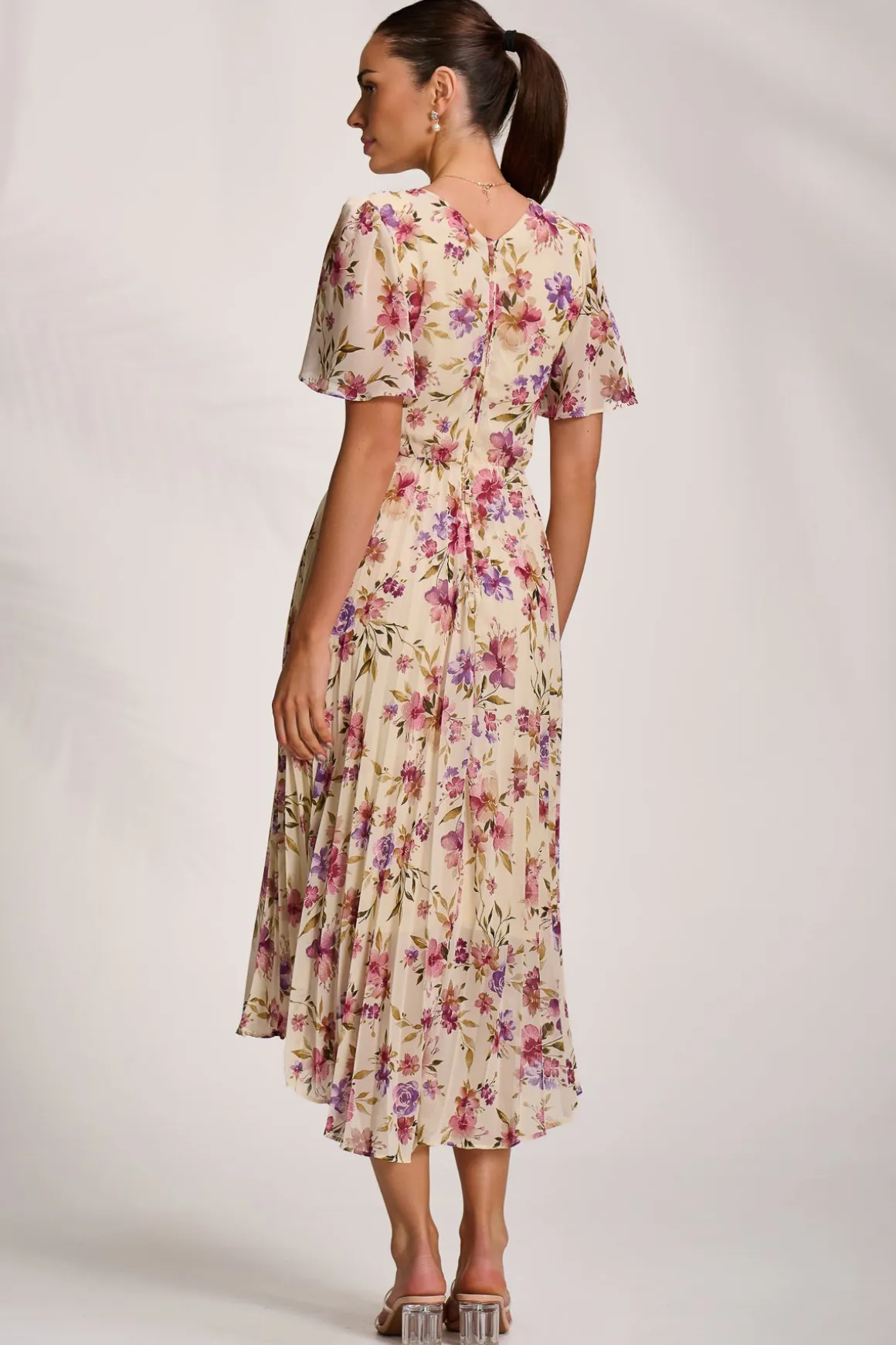 Printed Chiffon Pleated Maxi Dress, Cream Floral