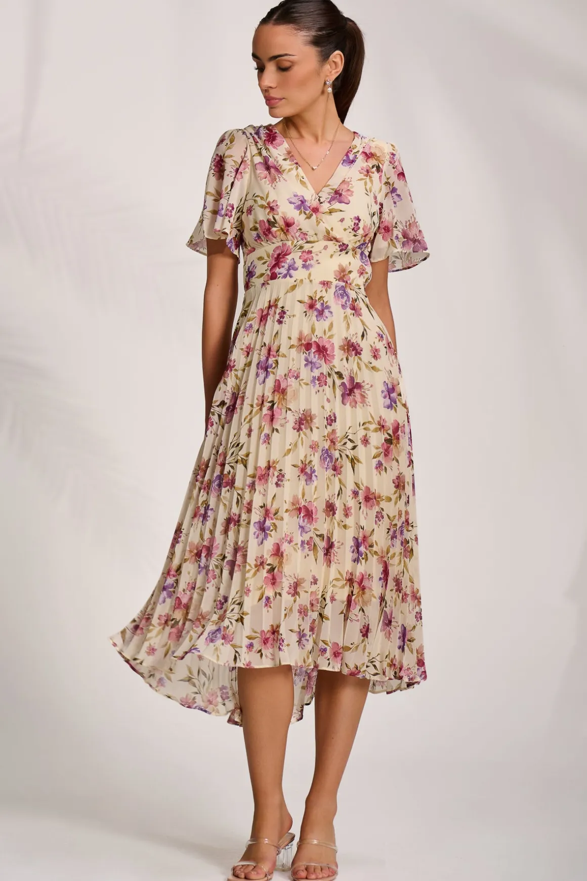 Printed Chiffon Pleated Maxi Dress, Cream Floral