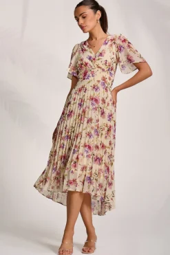 Printed Chiffon Pleated Maxi Dress, Cream Floral