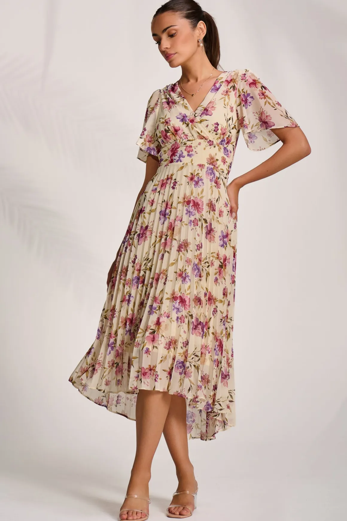 Printed Chiffon Pleated Maxi Dress, Cream Floral