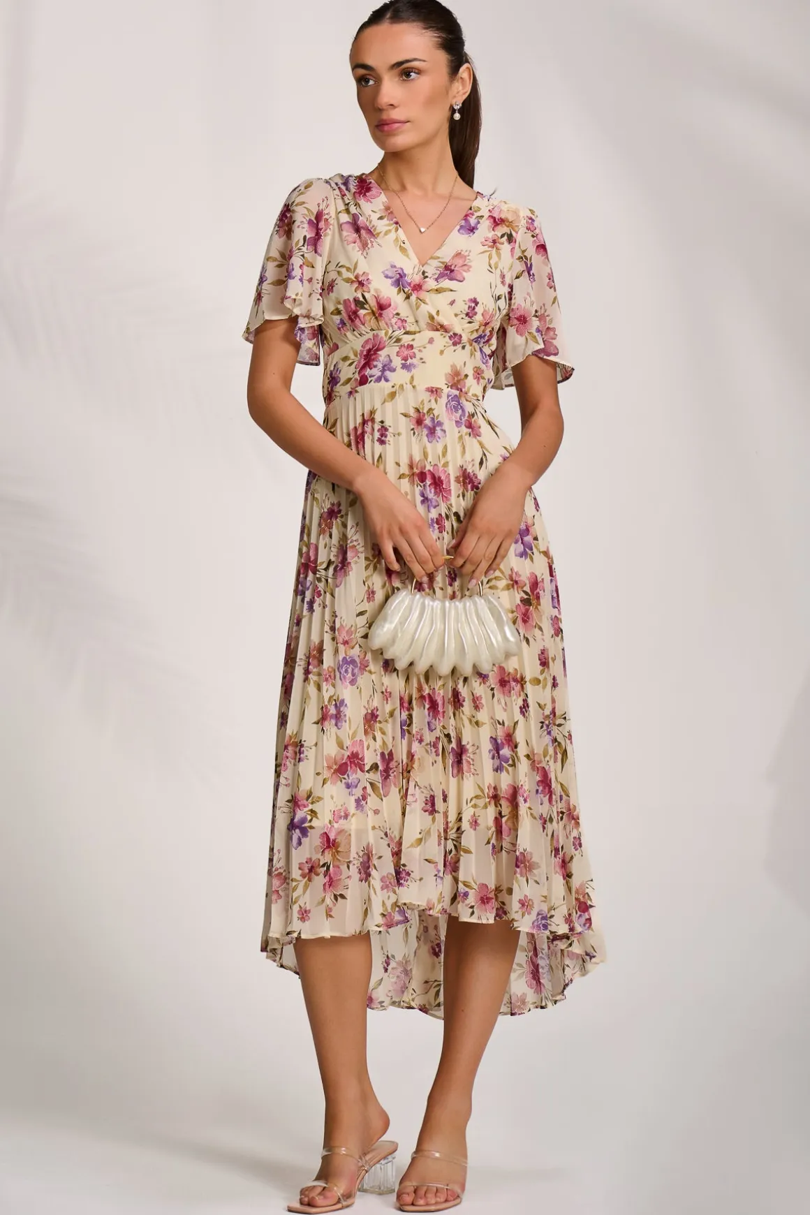 Printed Chiffon Pleated Maxi Dress, Cream Floral