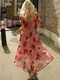 Printed Chiffon Pleated Maxi Dress, Mauve Floral