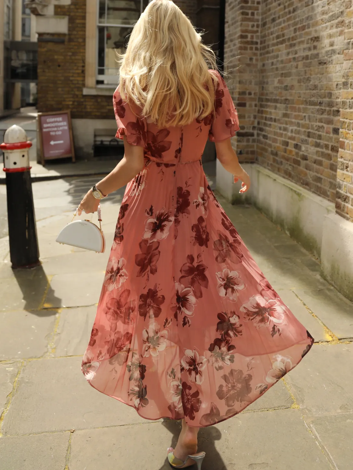 Printed Chiffon Pleated Maxi Dress, Mauve Floral