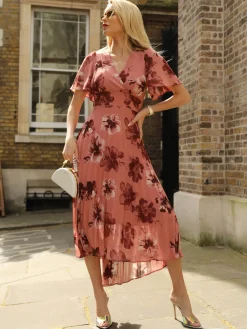 Printed Chiffon Pleated Maxi Dress, Mauve Floral