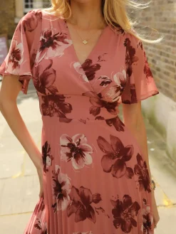 Printed Chiffon Pleated Maxi Dress, Mauve Floral