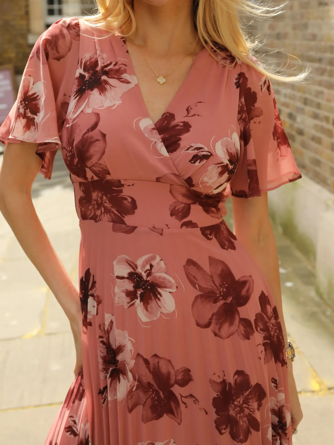 Printed Chiffon Pleated Maxi Dress, Mauve Floral