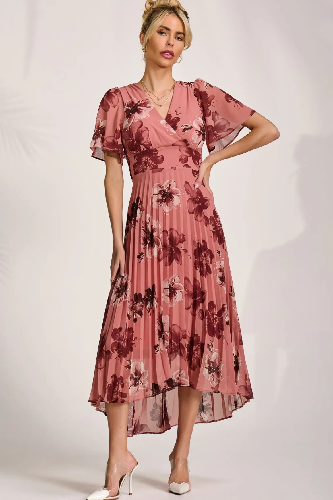 Printed Chiffon Pleated Maxi Dress, Mauve Floral