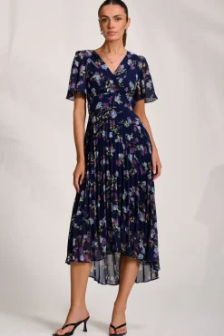 Printed Chiffon Pleated Maxi Dress, Navy Floral