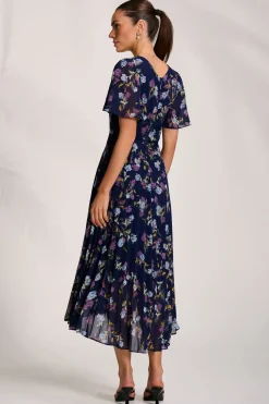 Printed Chiffon Pleated Maxi Dress, Navy Floral