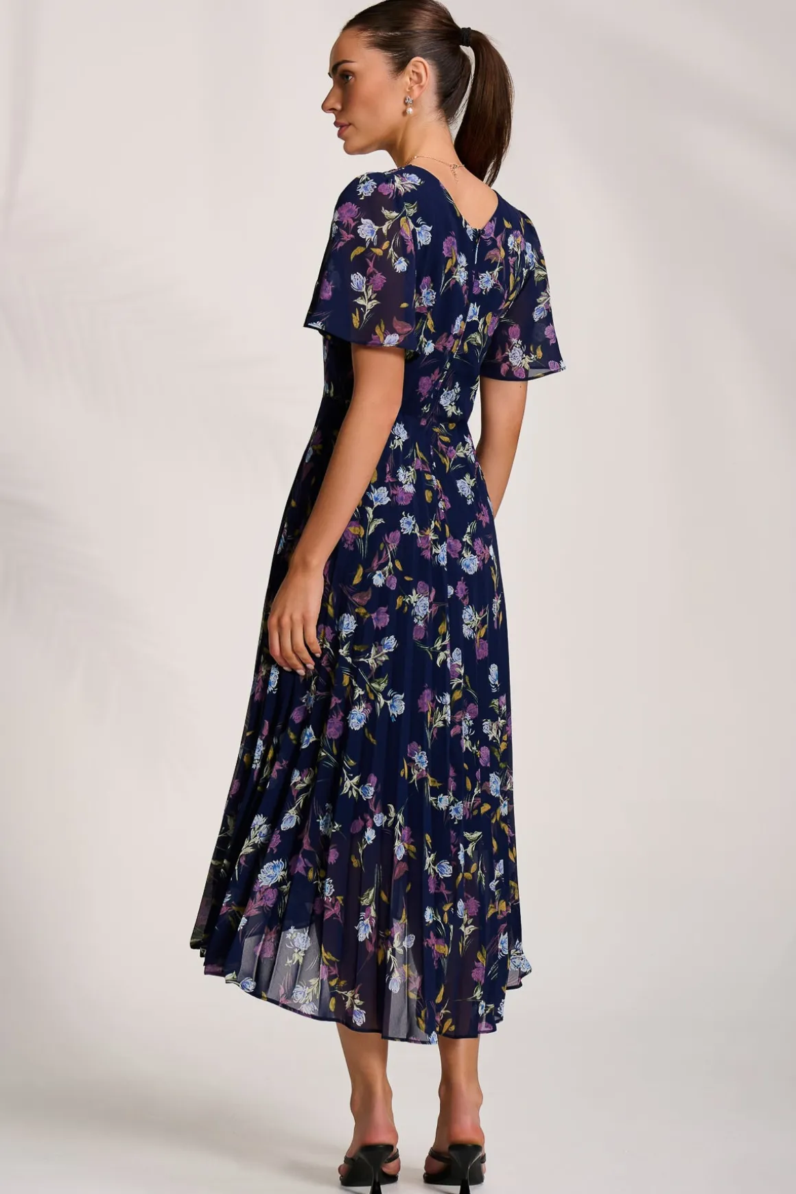 Printed Chiffon Pleated Maxi Dress, Navy Floral