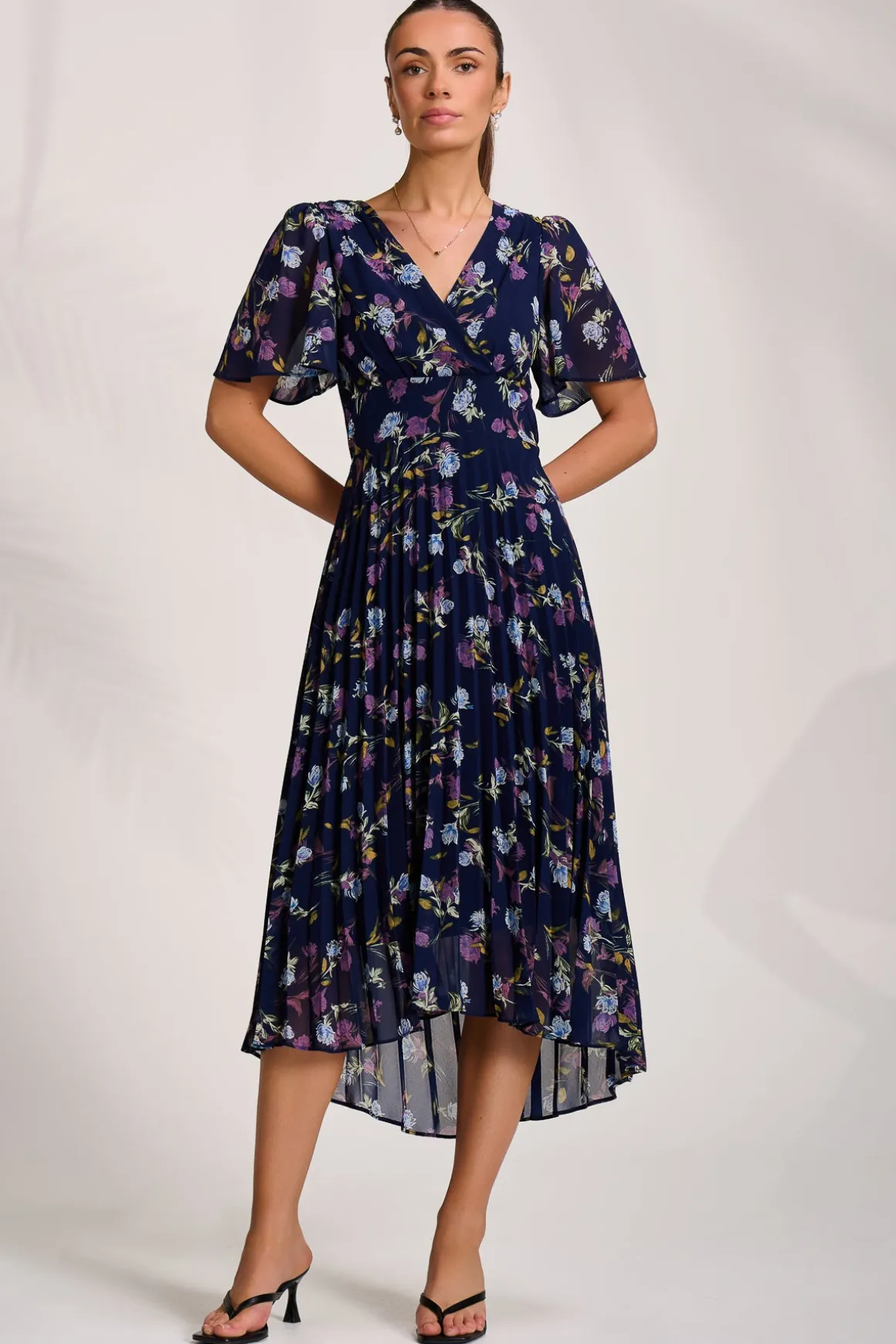 Printed Chiffon Pleated Maxi Dress, Navy Floral