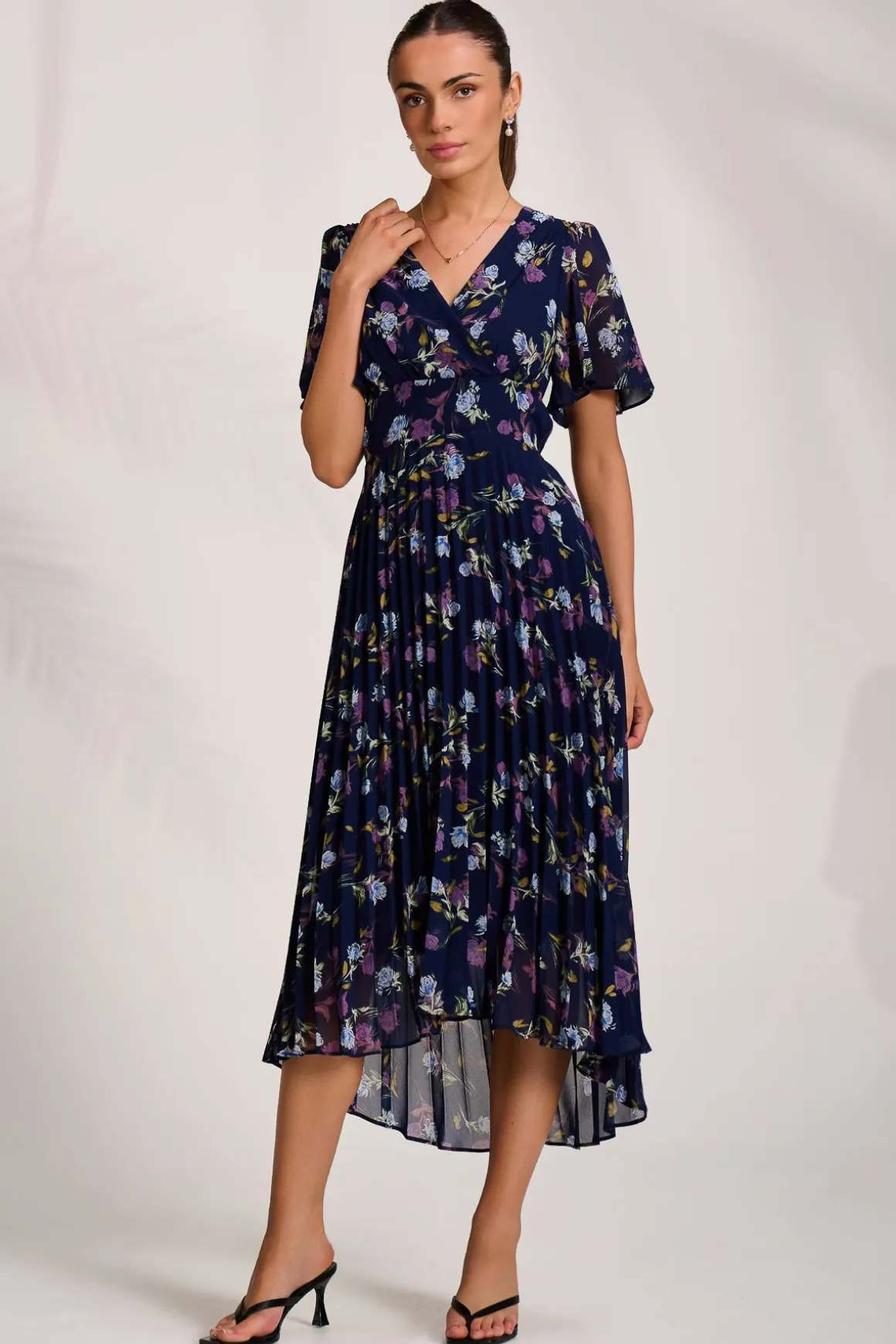 Printed Chiffon Pleated Maxi Dress, Navy Floral