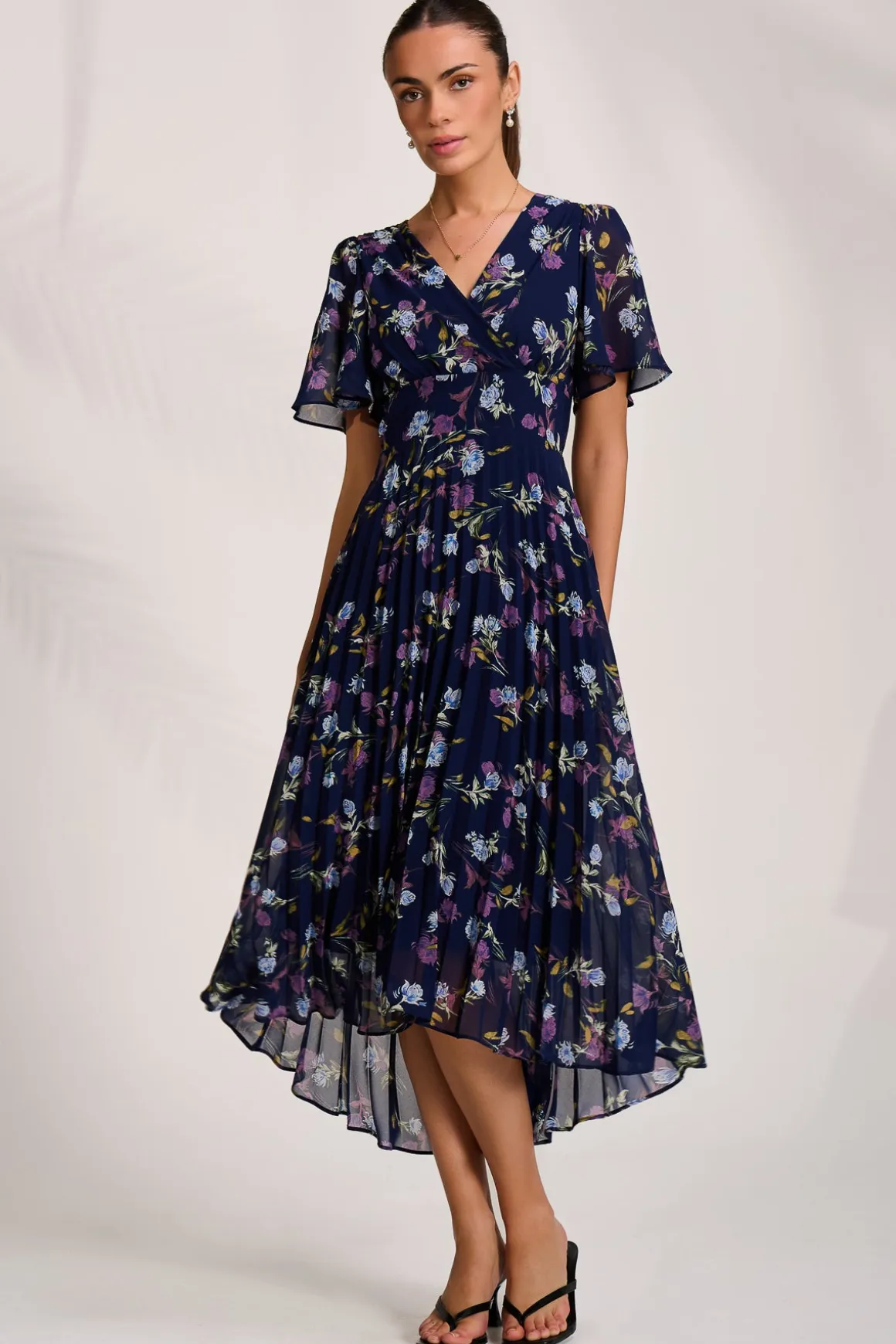 Printed Chiffon Pleated Maxi Dress, Navy Floral