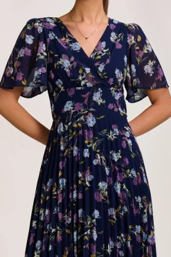 Printed Chiffon Pleated Maxi Dress, Navy Floral