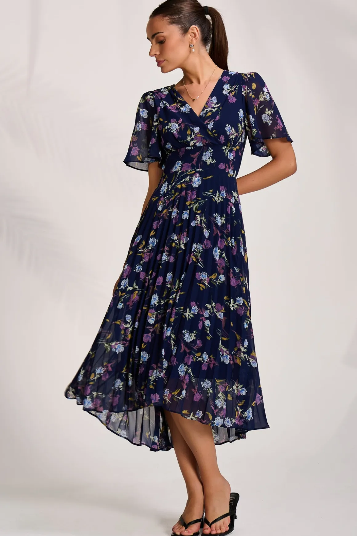 Printed Chiffon Pleated Maxi Dress, Navy Floral