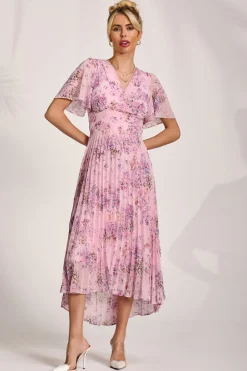 Printed Chiffon Pleated Maxi Dress, Pink Floral