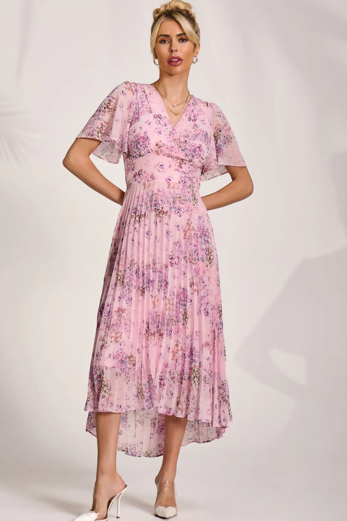 Printed Chiffon Pleated Maxi Dress, Pink Floral
