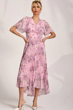 Printed Chiffon Pleated Maxi Dress, Pink Floral