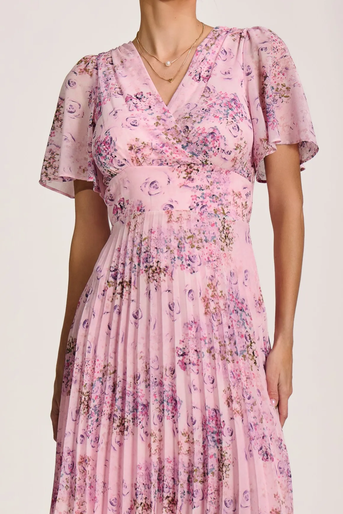Printed Chiffon Pleated Maxi Dress, Pink Floral