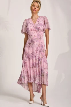 Printed Chiffon Pleated Maxi Dress, Pink Floral