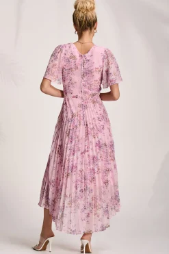 Printed Chiffon Pleated Maxi Dress, Pink Floral