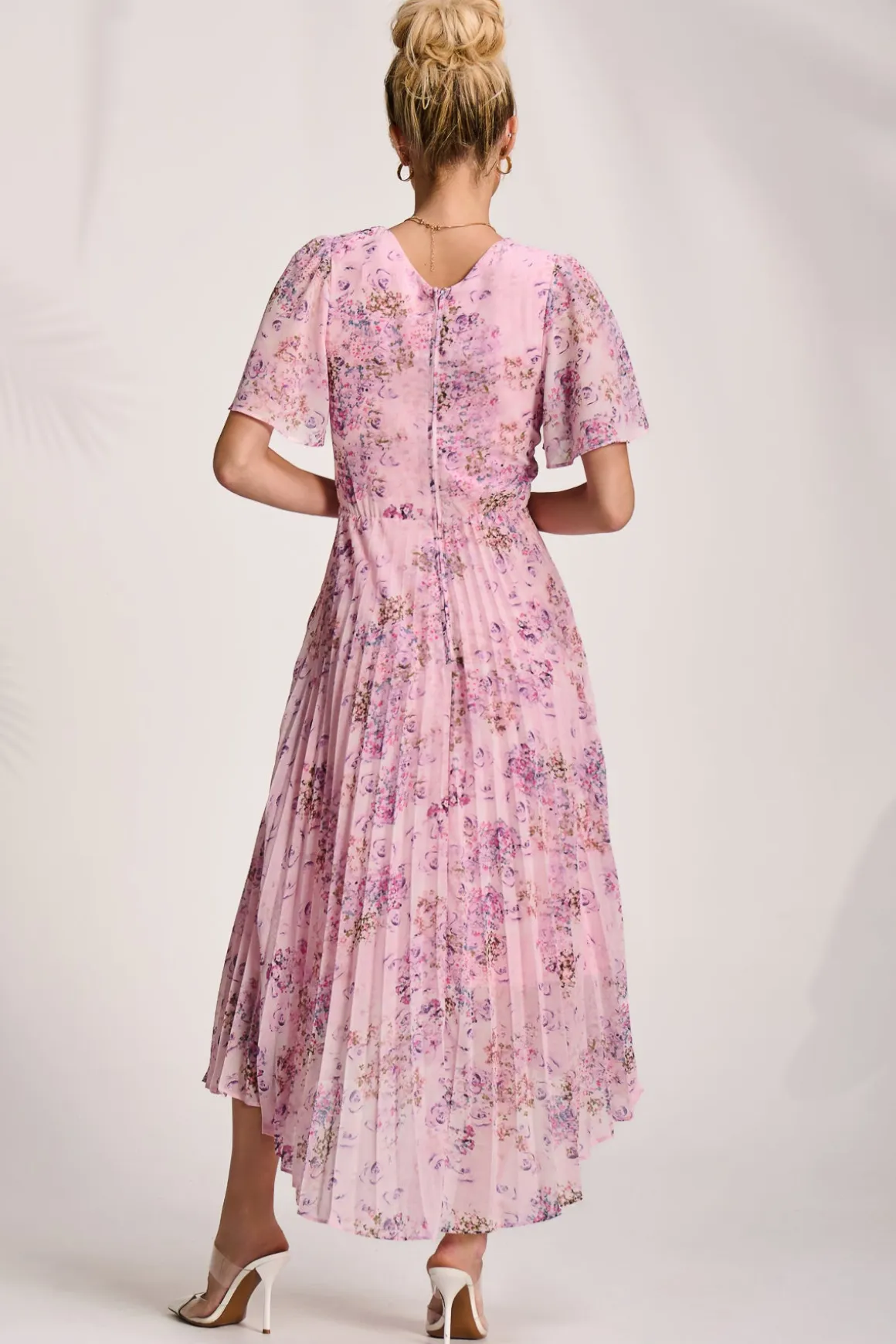 Printed Chiffon Pleated Maxi Dress, Pink Floral