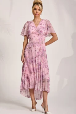 Printed Chiffon Pleated Maxi Dress, Pink Floral