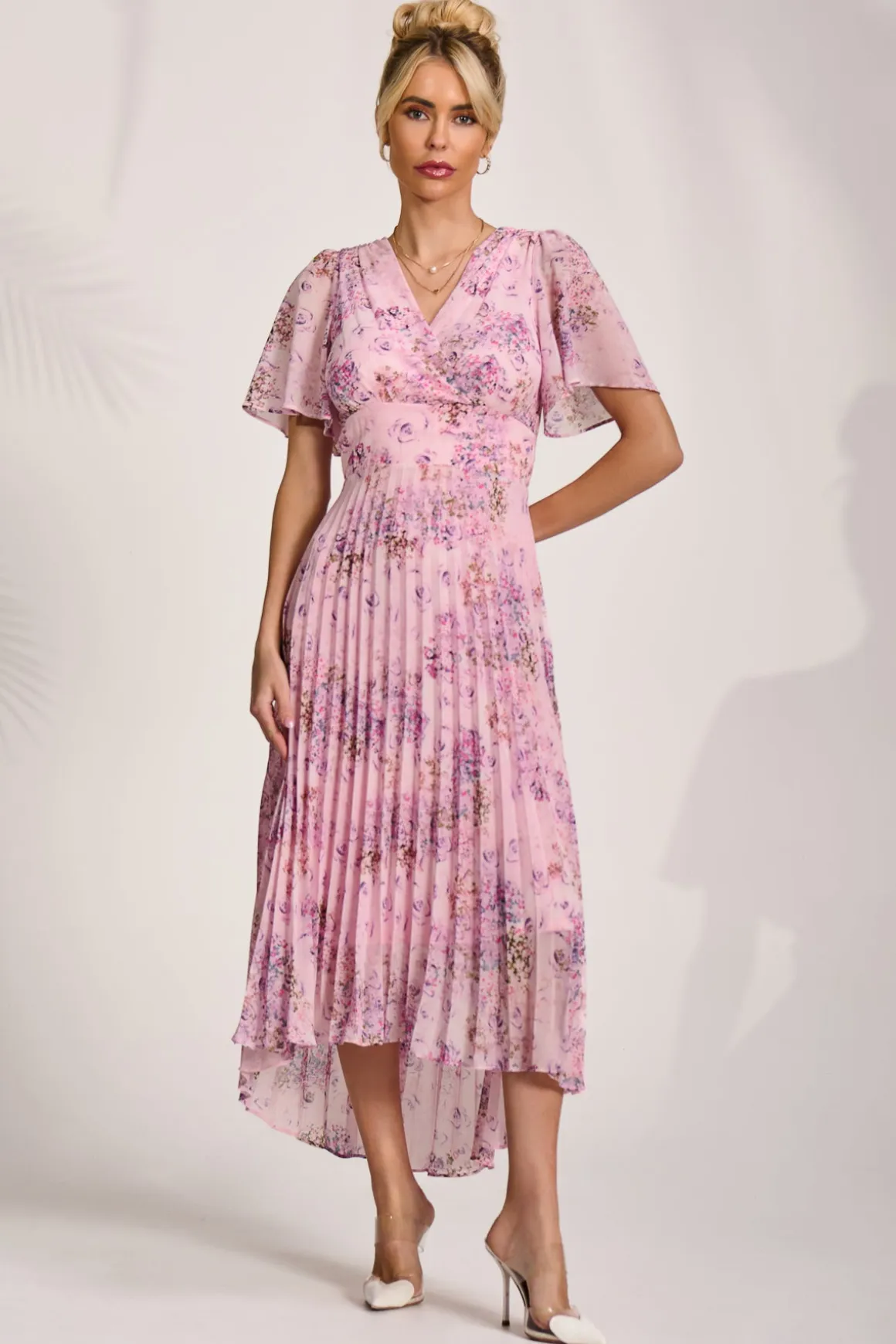 Printed Chiffon Pleated Maxi Dress, Pink Floral