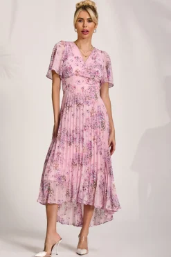 Printed Chiffon Pleated Maxi Dress, Pink Floral