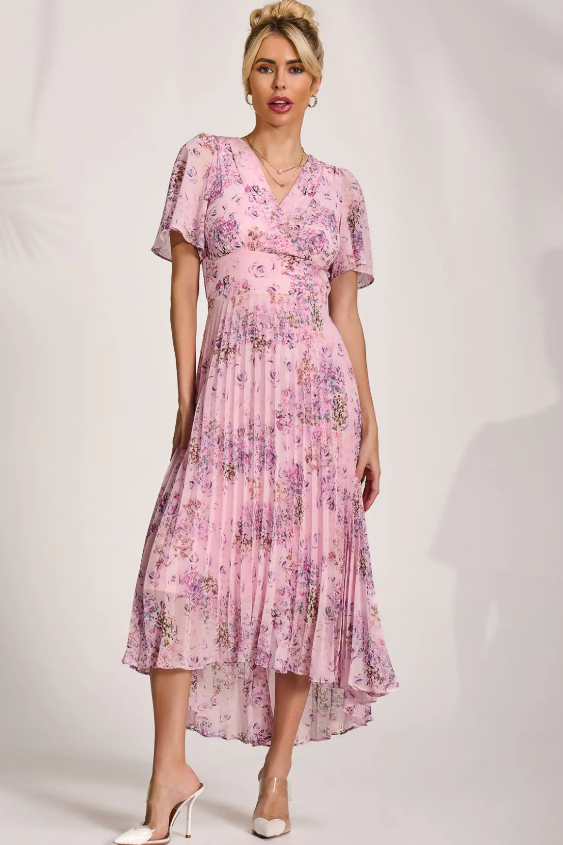 Printed Chiffon Pleated Maxi Dress, Pink Floral