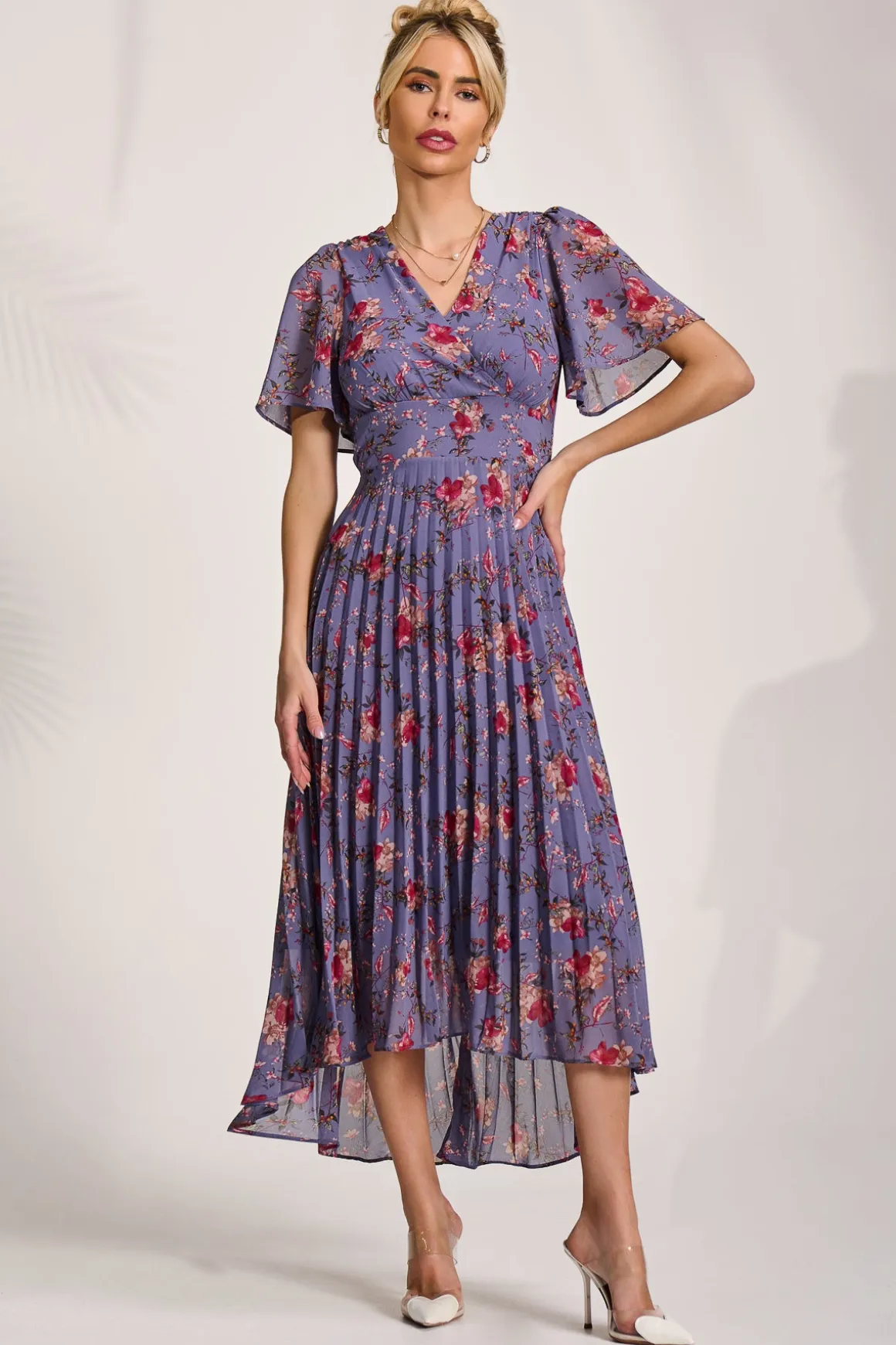 Printed Chiffon Pleated Maxi Dress, Purple Floral