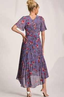 Printed Chiffon Pleated Maxi Dress, Purple Floral