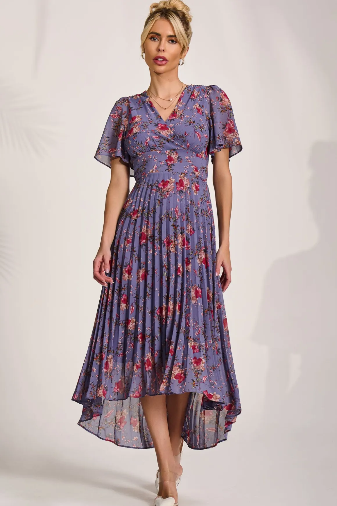 Printed Chiffon Pleated Maxi Dress, Purple Floral