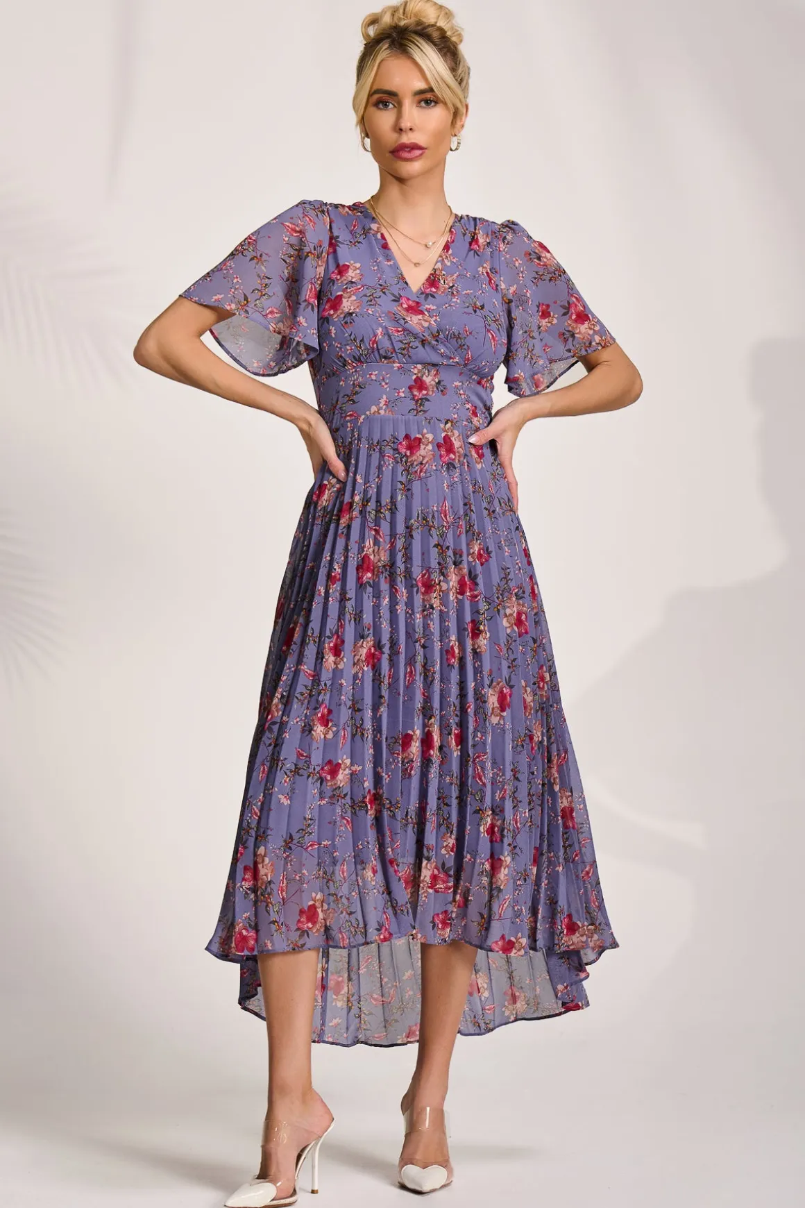Printed Chiffon Pleated Maxi Dress, Purple Floral