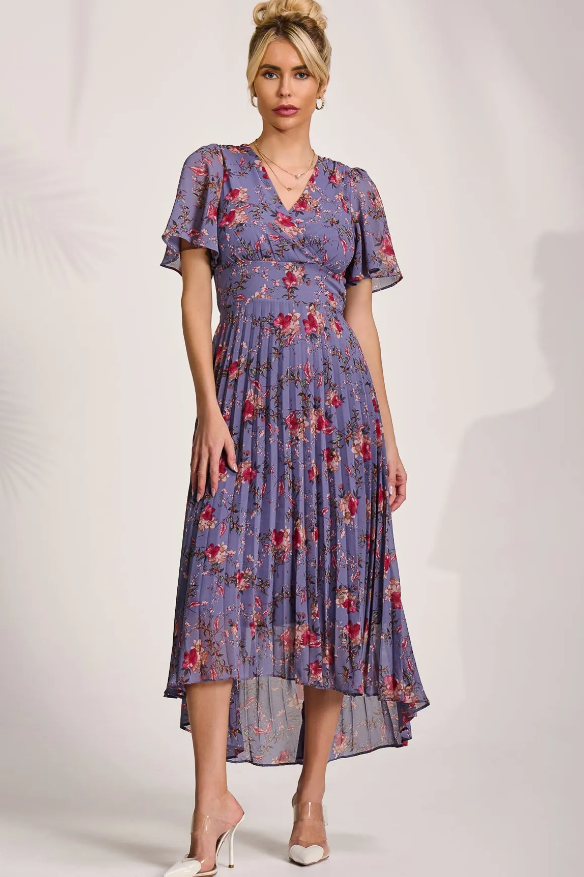 Printed Chiffon Pleated Maxi Dress, Purple Floral