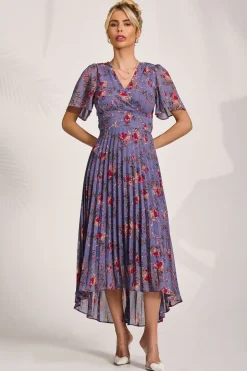 Printed Chiffon Pleated Maxi Dress, Purple Floral