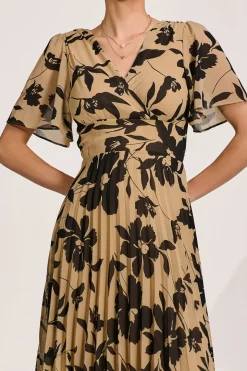Printed Chiffon Pleated Maxi Dress, Stone/Black
