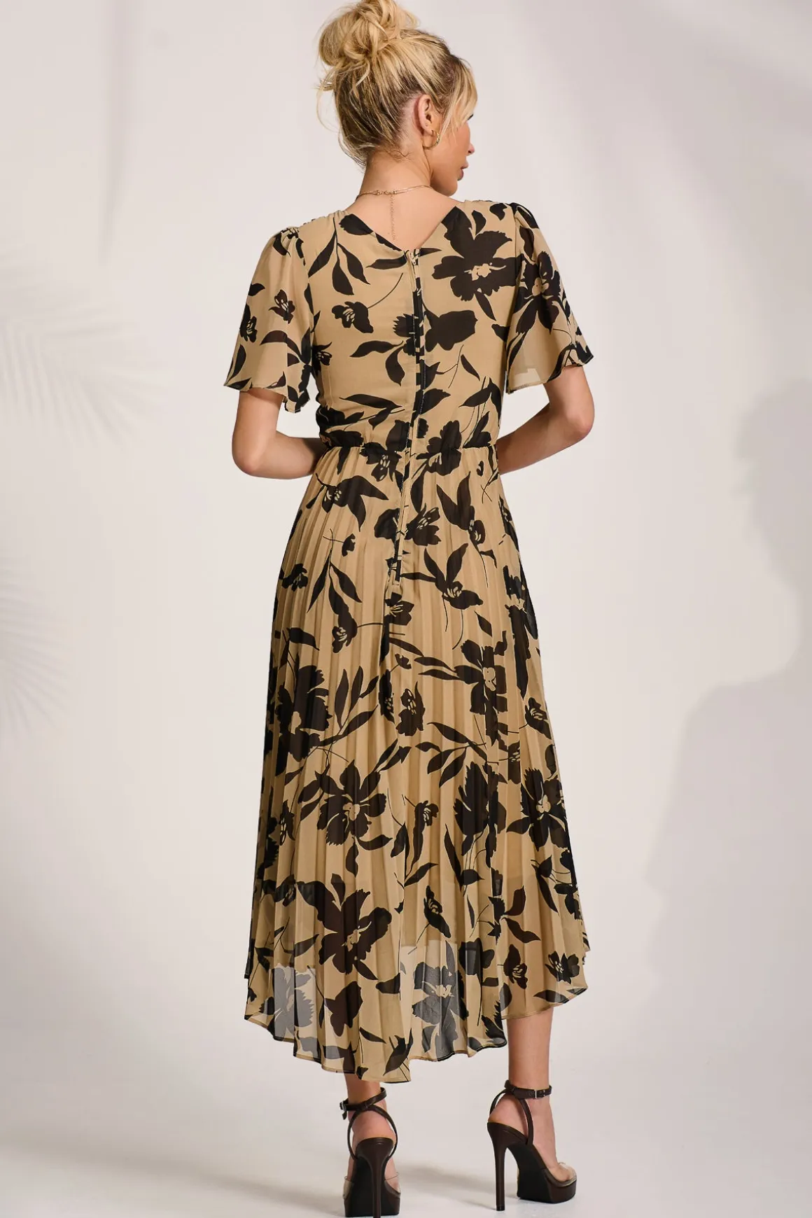 Printed Chiffon Pleated Maxi Dress, Stone/Black