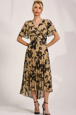 Printed Chiffon Pleated Maxi Dress, Stone/Black
