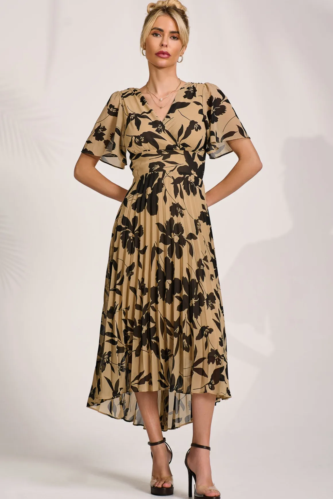 Printed Chiffon Pleated Maxi Dress, Stone/Black