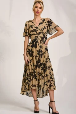 Printed Chiffon Pleated Maxi Dress, Stone/Black