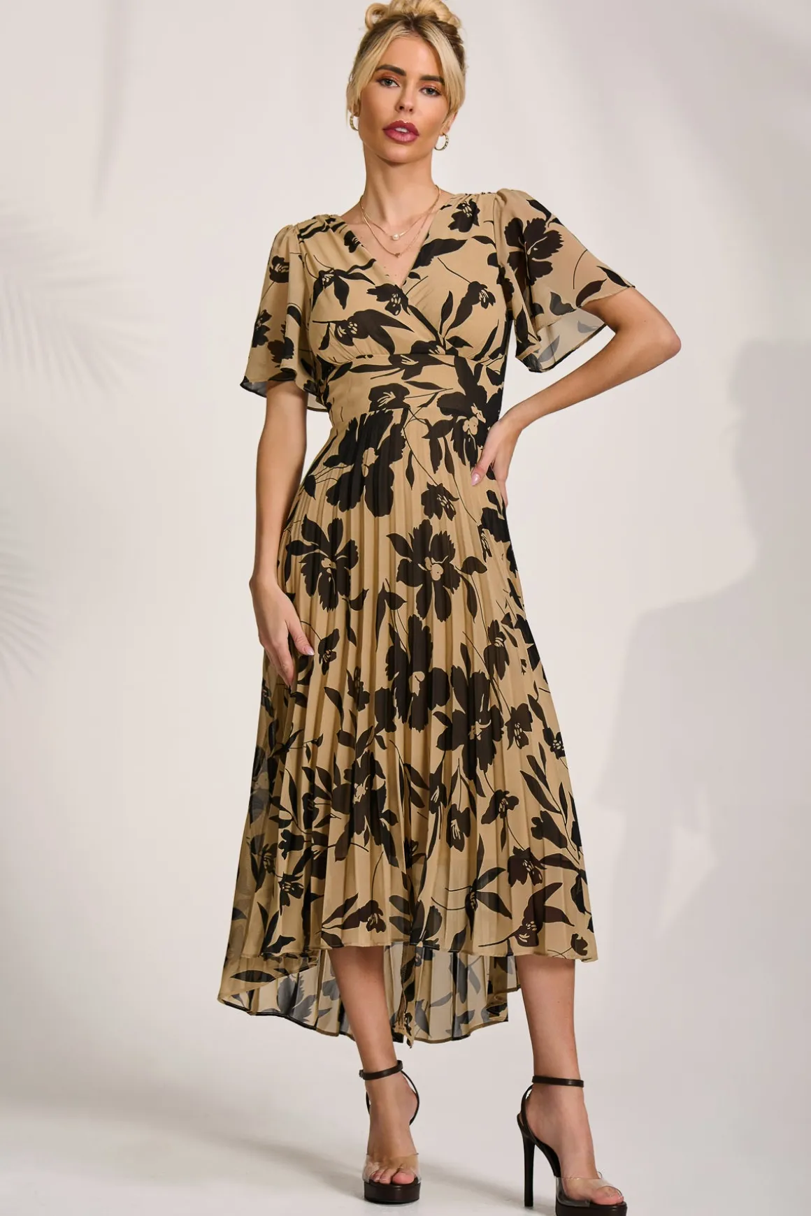Printed Chiffon Pleated Maxi Dress, Stone/Black