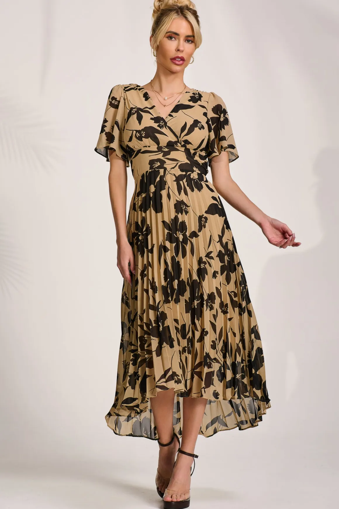 Printed Chiffon Pleated Maxi Dress, Stone/Black