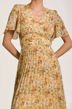Printed Chiffon Pleated Maxi Dress, Yellow Floral