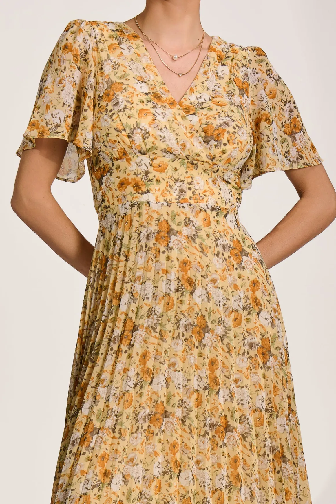 Printed Chiffon Pleated Maxi Dress, Yellow Floral