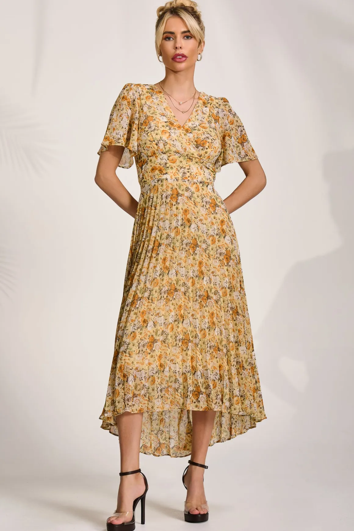 Printed Chiffon Pleated Maxi Dress, Yellow Floral