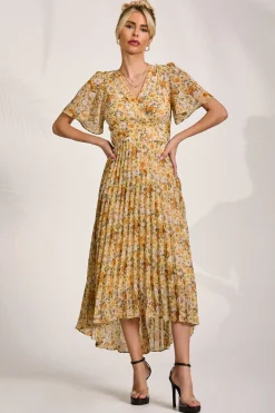 Printed Chiffon Pleated Maxi Dress, Yellow Floral