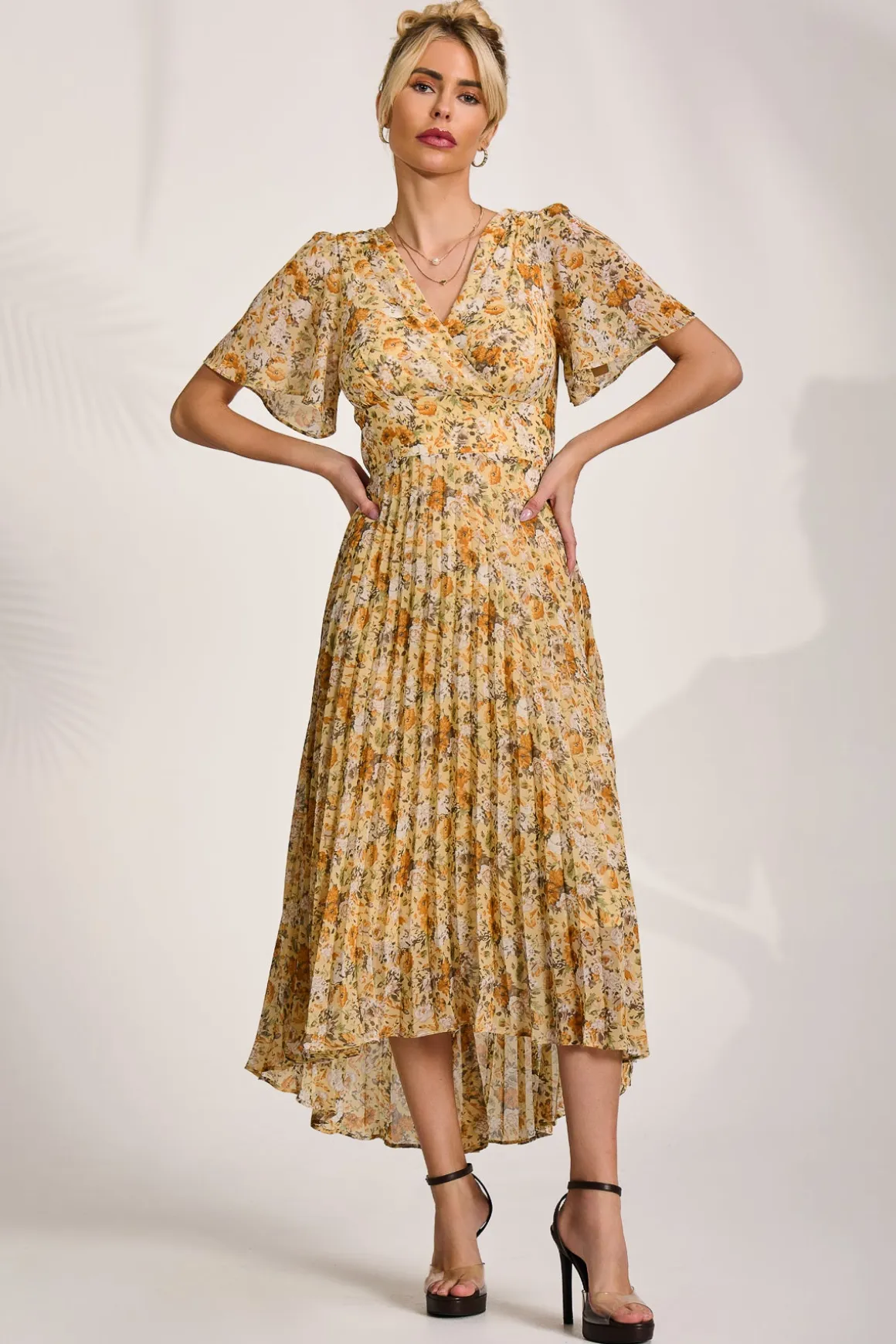 Printed Chiffon Pleated Maxi Dress, Yellow Floral