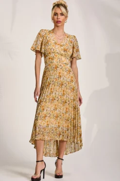 Printed Chiffon Pleated Maxi Dress, Yellow Floral